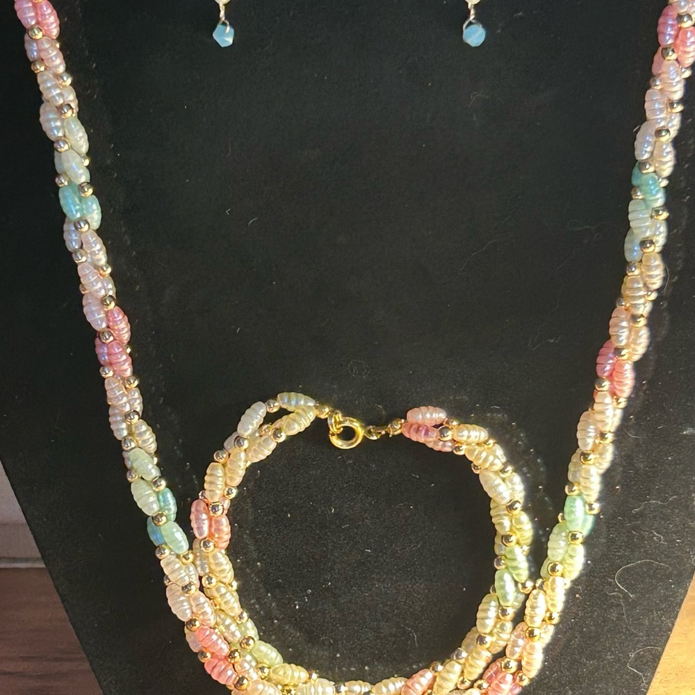 Multicolor baroque Pearl braided Necklace and Earring Set with 14k gf spacers.